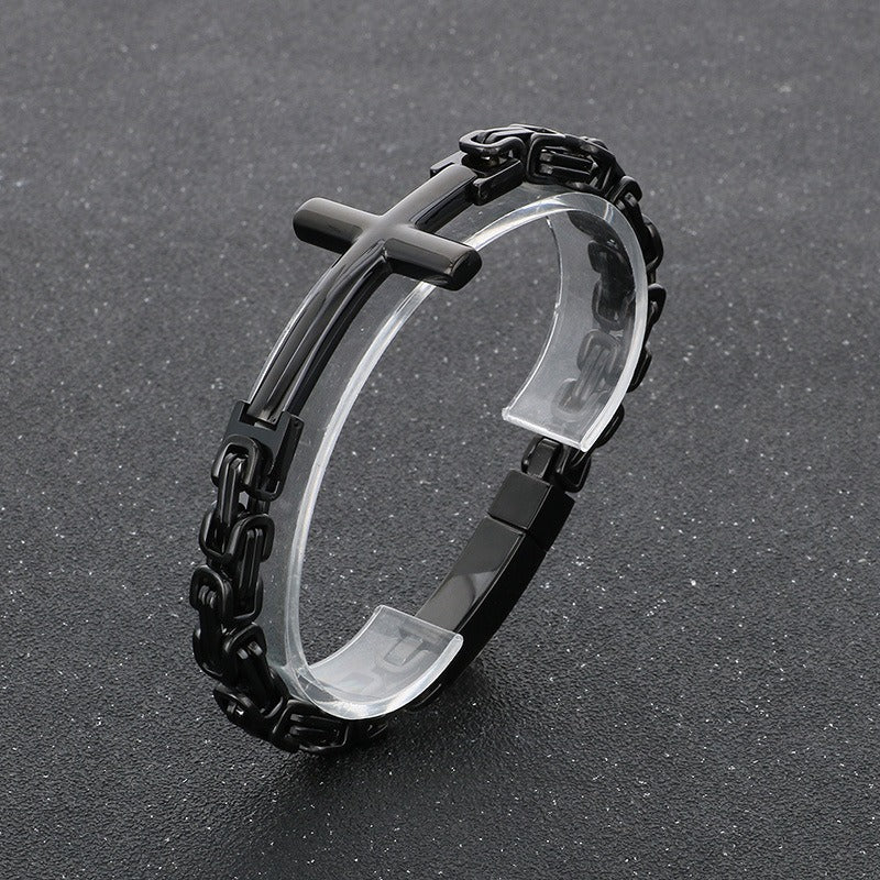 Kemstone Rock Revival Cross Cuff - Byzantine Chain Titanium Bracelet for Men with Vintage Gothic Motif KB190501