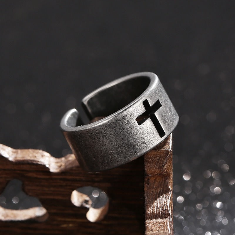 Kemstone Gothic Cross Adjustable Ring – Distressed Titanium Steel Openwork Men’s Jewelry KR104680
