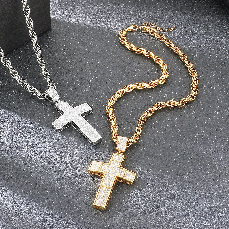 Kemstone Rhinestone Cross Pendant Rope Chain Necklace Titanium Steel Hip Hop Style for Men Gold Silver KN299684-Z