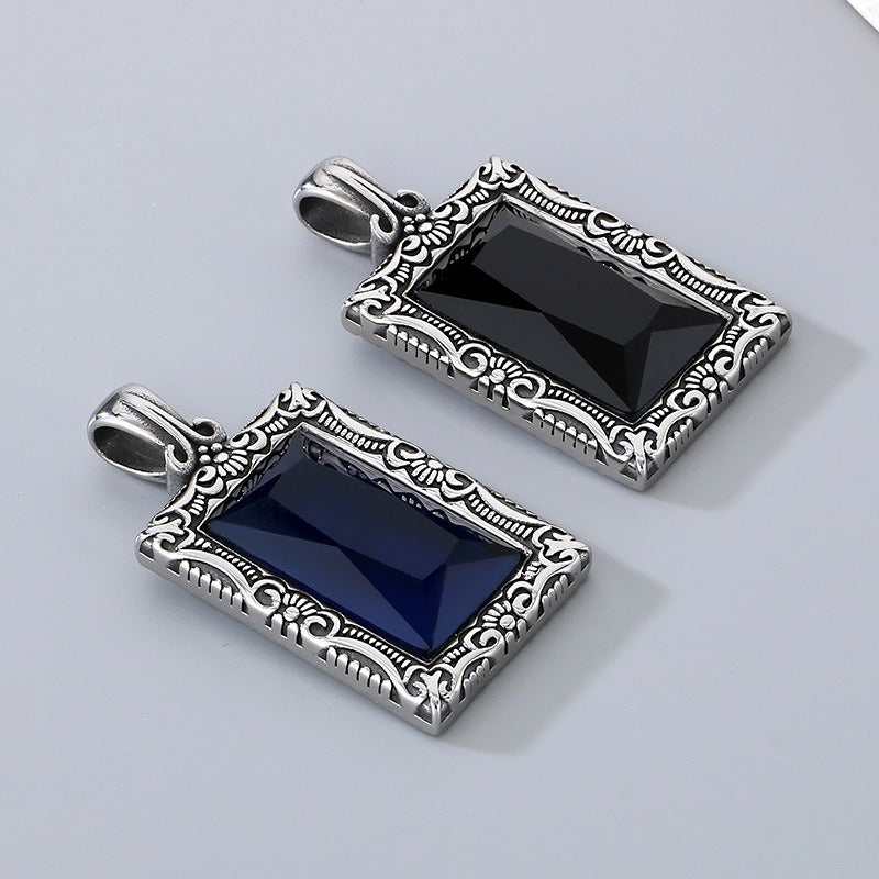 Kemstone Vintage Square Pendant – Titanium Steel Necklace with Scrollwork & Blue-Black Stone | Gothic Street Style for Men KP130520-TGX