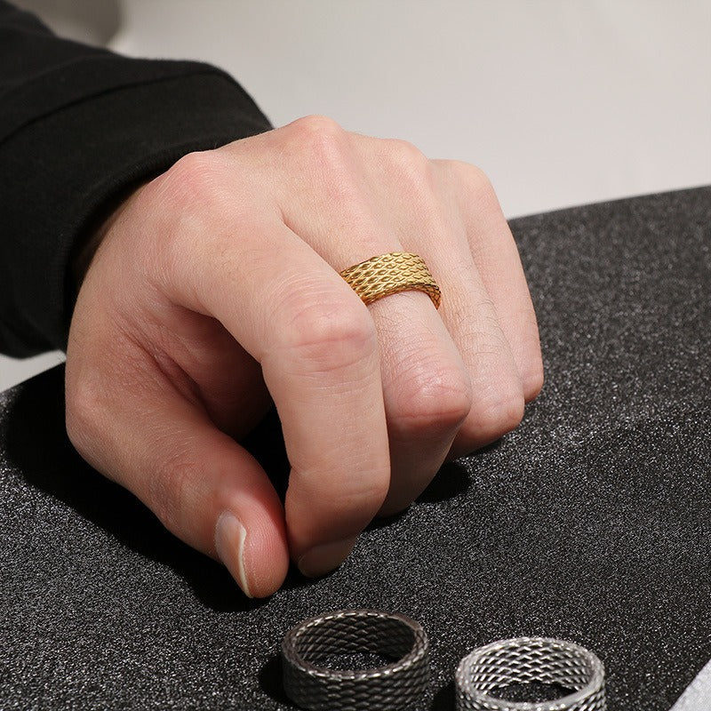 Kemstone Textured Stainless Steel Men’s Ring – Diamond Mesh Pattern, Gothic Street Style KR105816