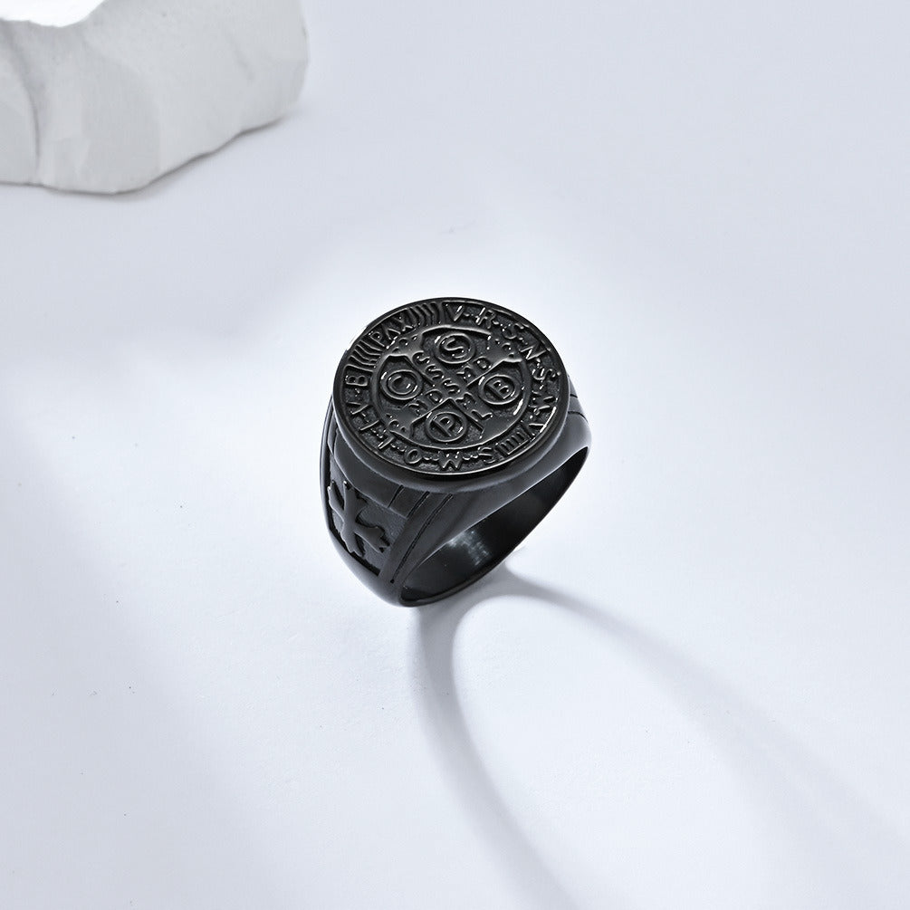 Kemstone Gothic Exorcist Ring – Vintage Stainless Steel Saint Benedict Cross Band for Men | Punk Streetwear Style