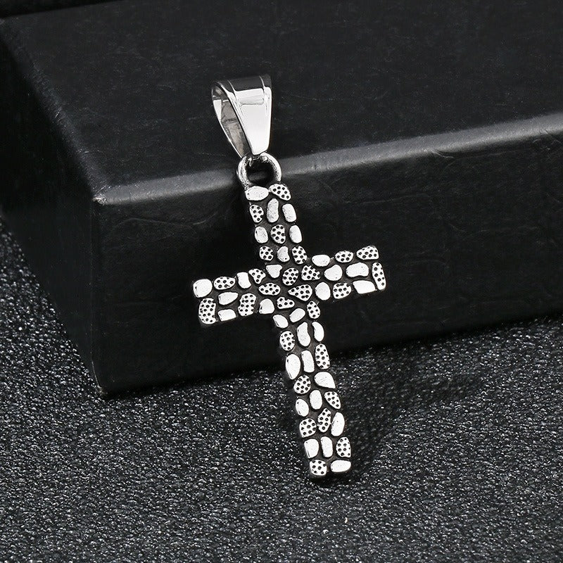 Kemstone Titanium Steel Punk Crown Cross Pendant – Vintage Hieroglyphic Engraved Necklace KP120067