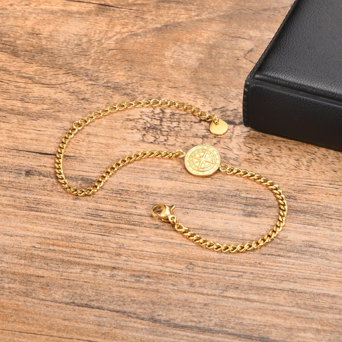 Kemstone Men’s Stainless Steel Compass Bracelet – Adjustable Minimalist Chain in Black, Gold & Silver BR2079