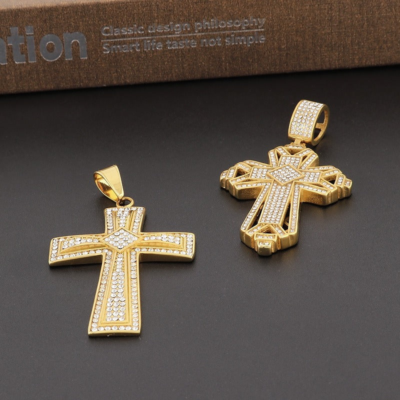 Kemstone Titanium Steel Gold Dual Cross Pendant Necklace – Hip Hop Cubic Zirconia Hollow Design KP130467
