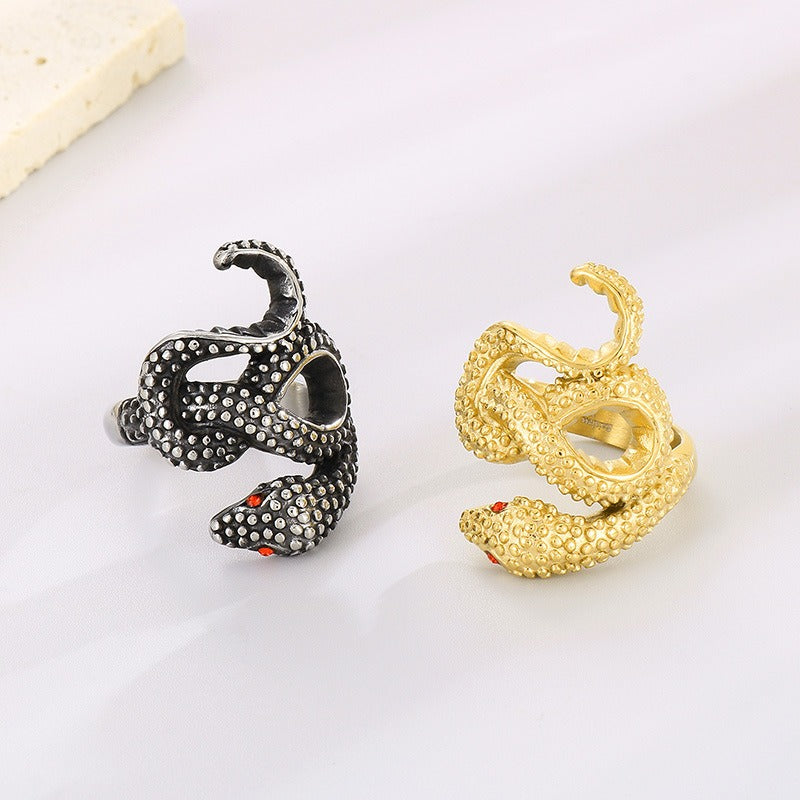Anillo de acero y titanio Kemstone Serpentine - Diseño de serpiente enroscada con ojos de rubí, joyería gótica vintage para hombre KR105952