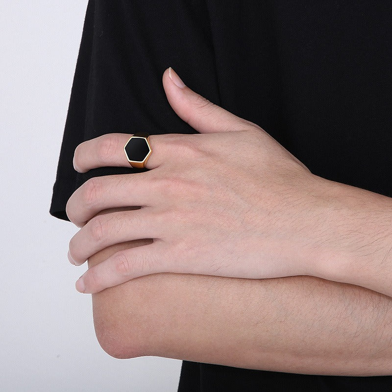Kemstone Men’s Hexagon Signet Ring – Stainless Steel Black Epoxy Resin Inlay | Gothic Minimalist Jewelry KR105856-KFC