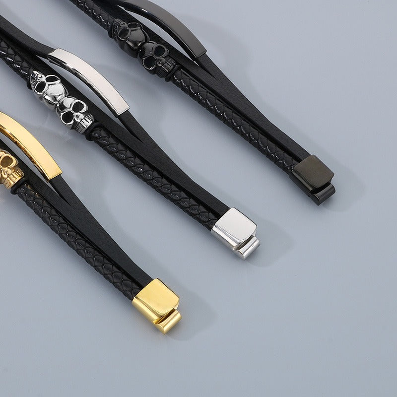 Kemstone Men’s Skull Leather Bracelet – Stainless Steel Punk Biker Jewelry KB180009