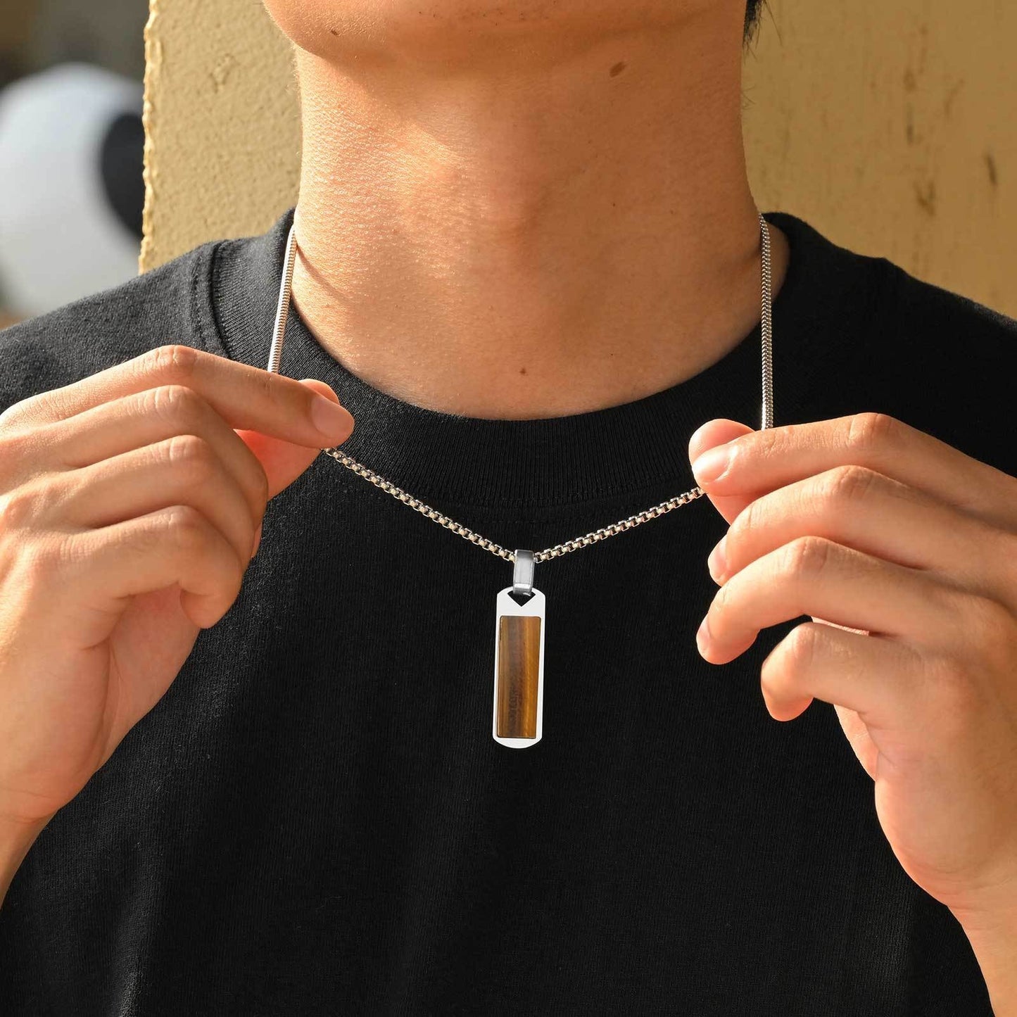Kemstone Stainless Steel Rectangular Stone Pendant Necklace for Men Jewelry PN-1890