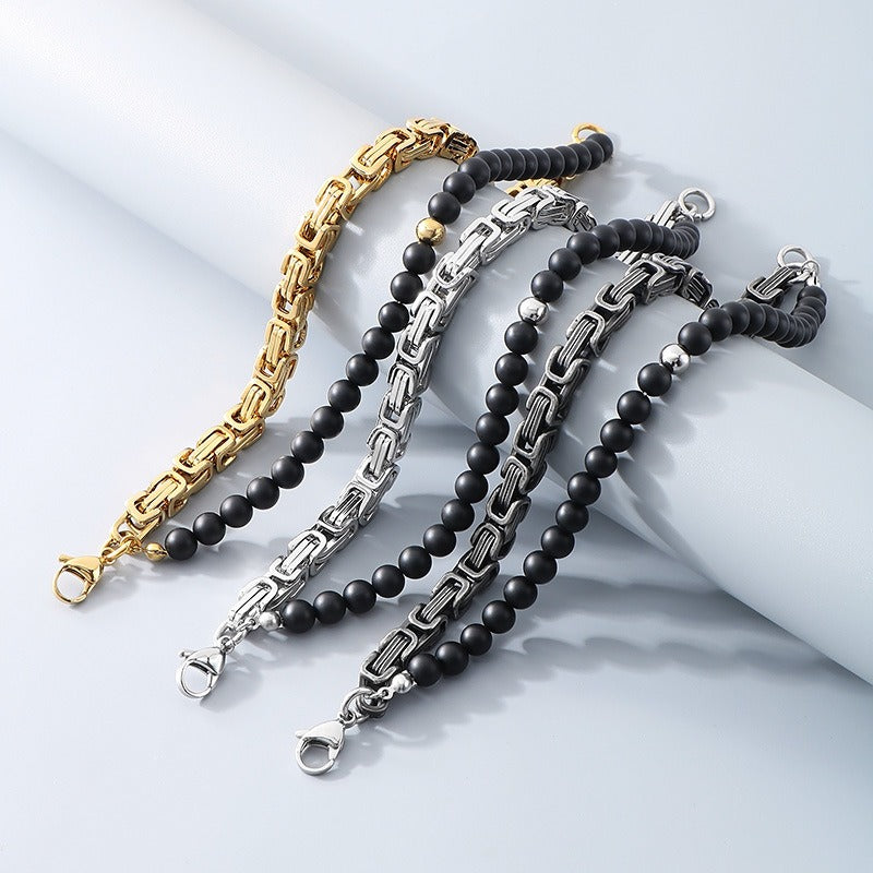 Kemstone Double Chain Bracelet for Men – Stainless Steel & Black Agate Beads, Viking Punk Style