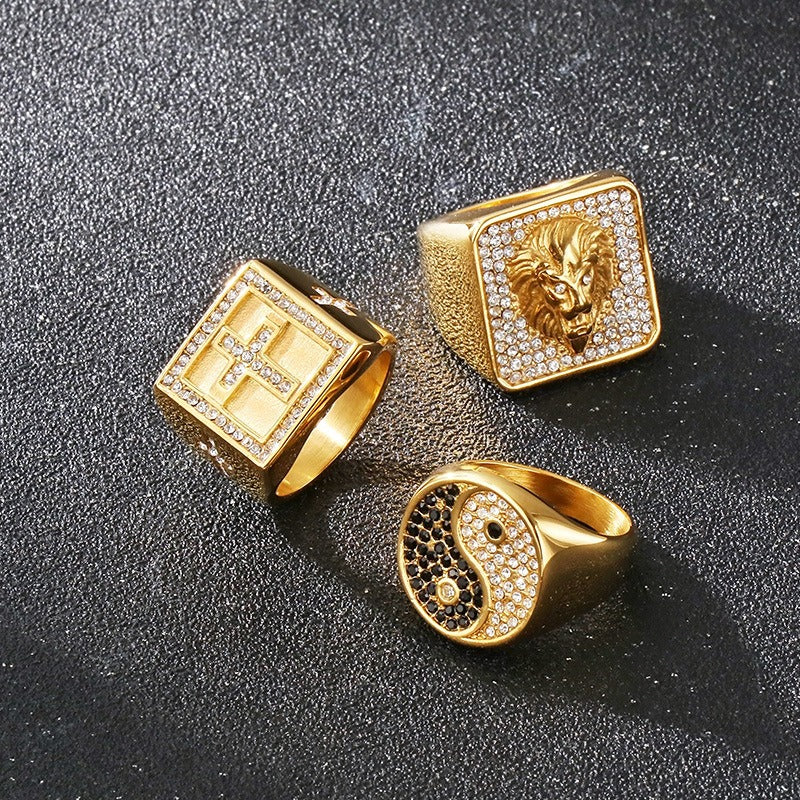 Kemstone Bold Statement Rings β Stainless Steel Lion Head / Cross / Yin Yang Signet KR112697