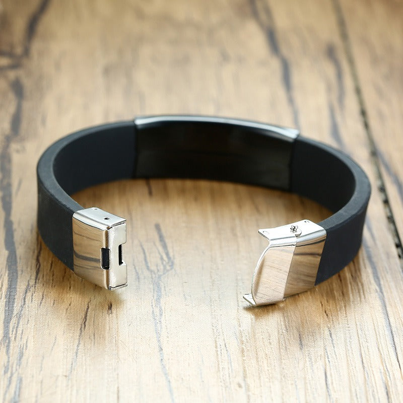 Kemstone Silicone & Stainless Steel Bracelet – Engravable Curved Plate Men’s Wristband BS-076