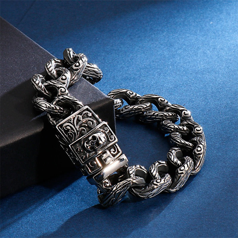 Kemstone Tribal Skeleton Chain Bracelet – Distressed Titanium Steel Men's Gothic Link Jewelry KB121932