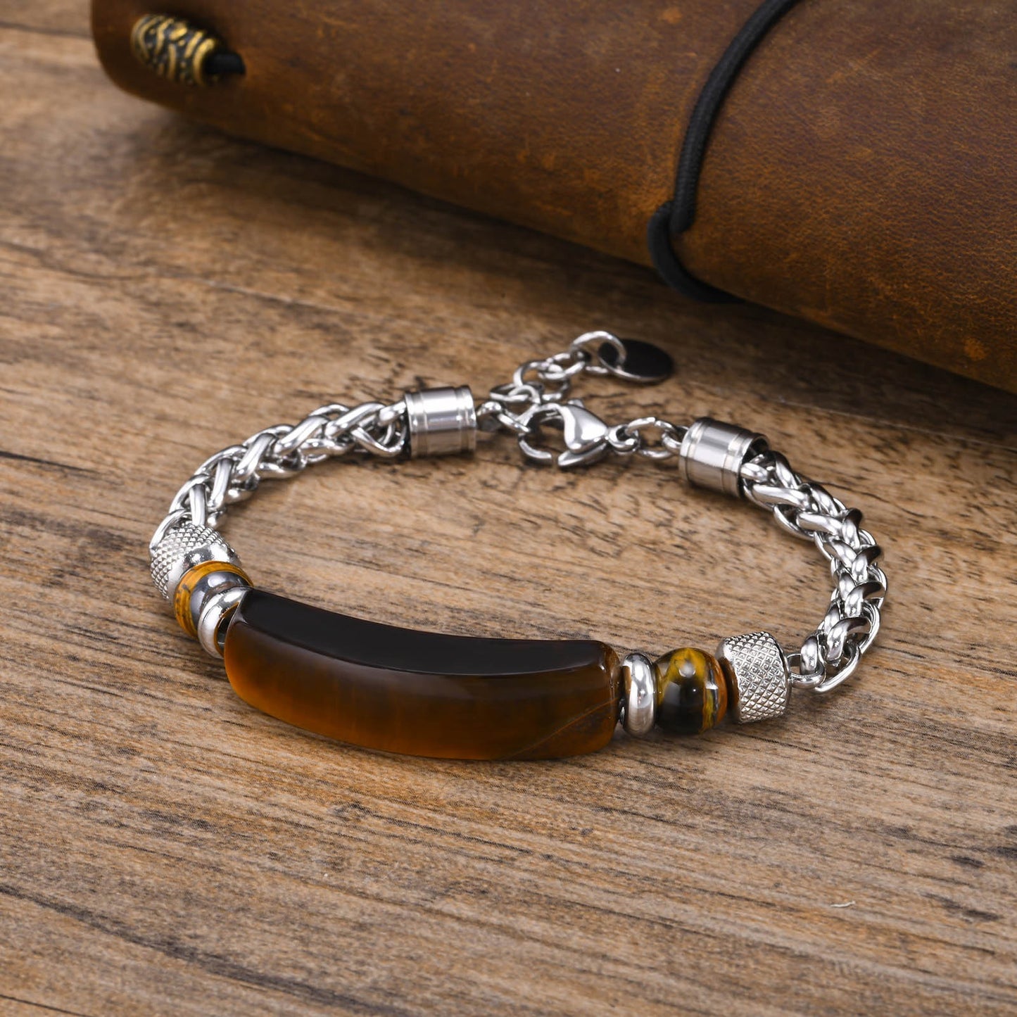 Kemstone Men’s Stainless Steel Beaded Chain Bracelet – Tiger Eye & Black Onyx, Gothic Norse Street Style BR-1716