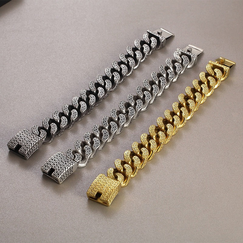Kemstone Trident Textured Curb Chain Bracelet – Heavy Stainless Steel Viking Punk Streetwear KB179929