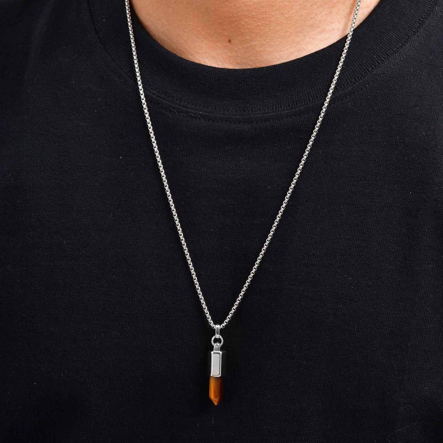 Kemstone Men’s Stainless Steel Bullet Pendant Necklace – Tiger Eye & Black Agate Minimalist Jewelry PN-2227
