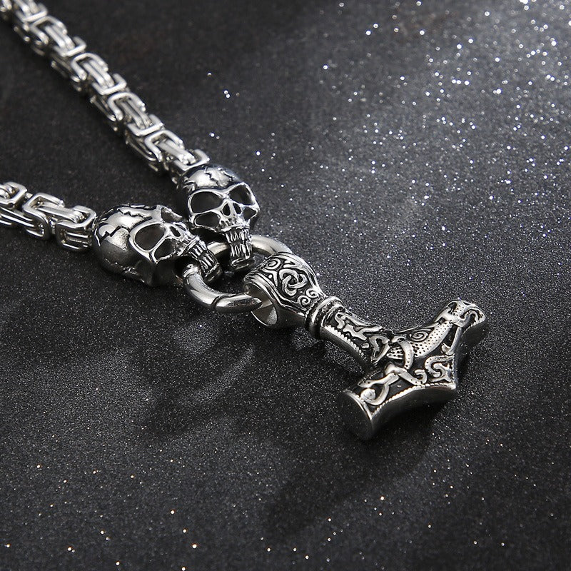 Kemstone Viking Thor’s Hammer Pendant – Stainless Steel Norse Amulet with Skull Connector KP96348