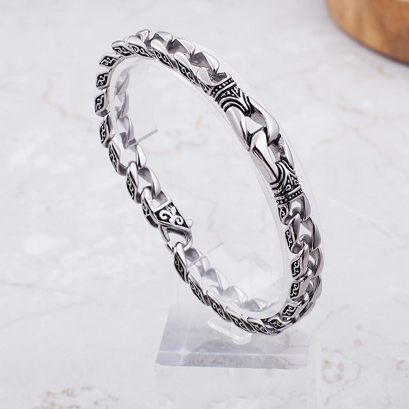 Kemstone Men's Vintage Cuban Chain Bracelet – Engraved Titanium Steel Punk Cuff for Gothic Streetwear KB80116-BD