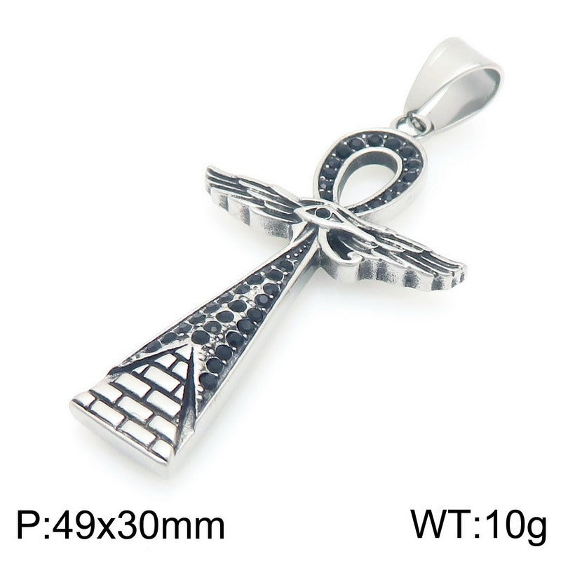 Kemstone Men’s Titanium Steel Trident Cross Necklace – Viking Eye of Horus Pendant, Black Zircon KP116389 60CM