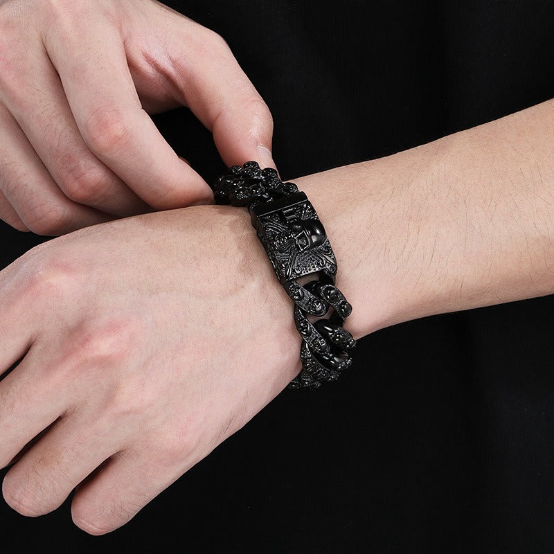 Kemstone Men’s Skull Chain Bracelet – Heavy Stainless Steel Gothic Biker Jewelry KB66291-BD