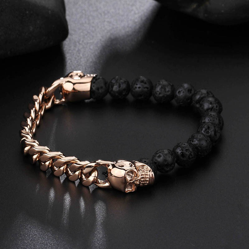 Kemstone Stainless Steel Skull & Volcanic Stone Mala Bracelet – Ethereal Energy Fusion KB66361