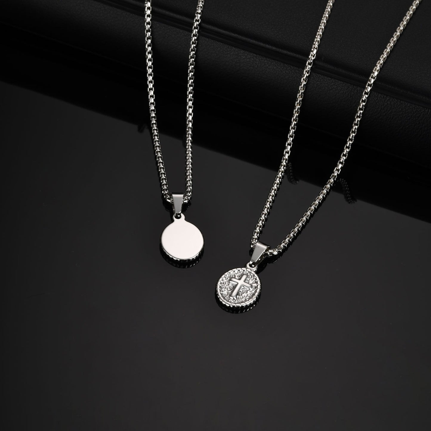 Kemstone Men’s Stainless Steel Cross Oval Pendant Necklace – Silver Black PN-2182