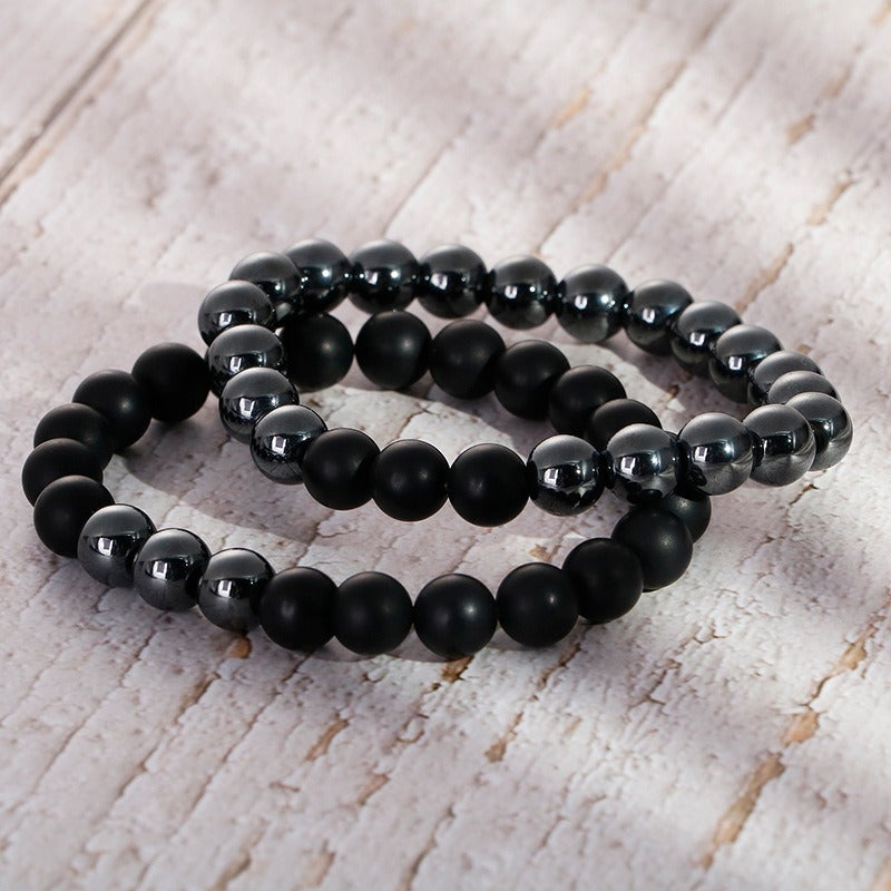Kemstone Gray Ironstone & Matte Black Agate Bracelet - Handcrafted Men's Zen-Inspired Beads KB109671