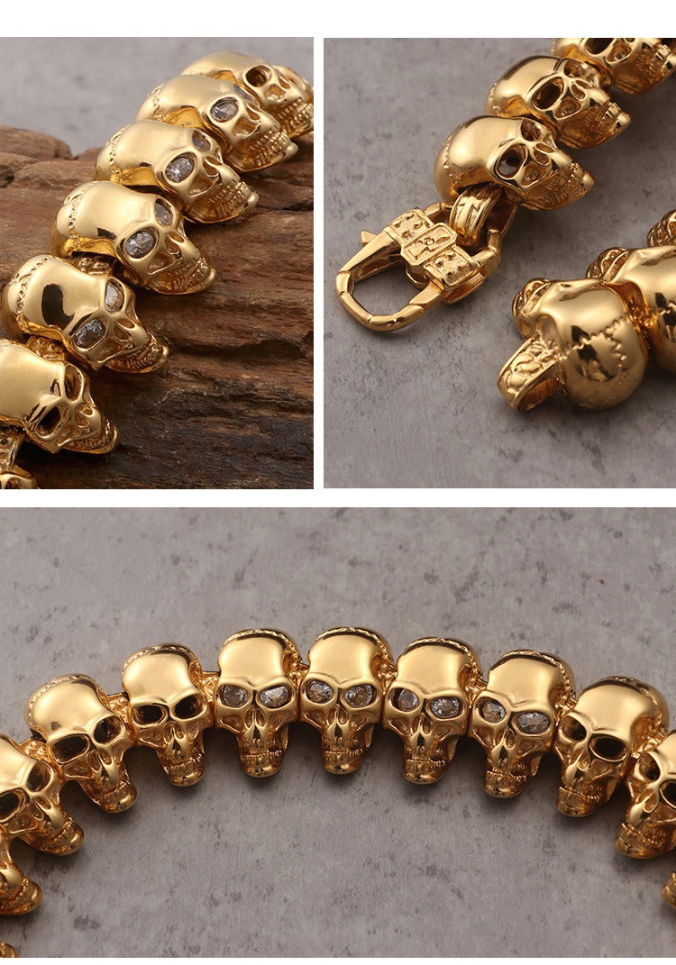 Kemstone Skull Link Chain Necklace & Bracelet – Stainless Steel Gothic Hip-Hop Jewelry KB29213-D