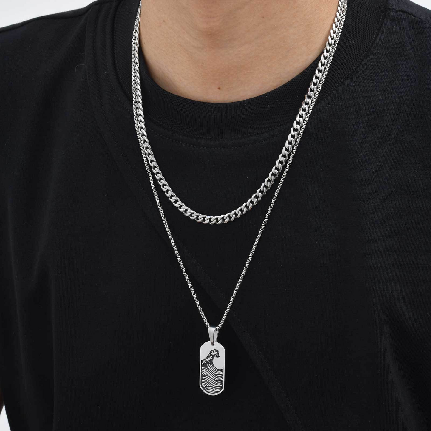 Stainless Steel Wave Tag Necklace – Black Etched Sailboat Pendant for Men PN-2168