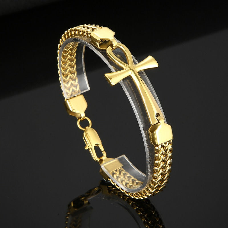 Kemstone Titanium Steel Rock 'n' Roll Dual-Weave Chain Bracelet with Vintage Cross Pendant KB164177-KFC
