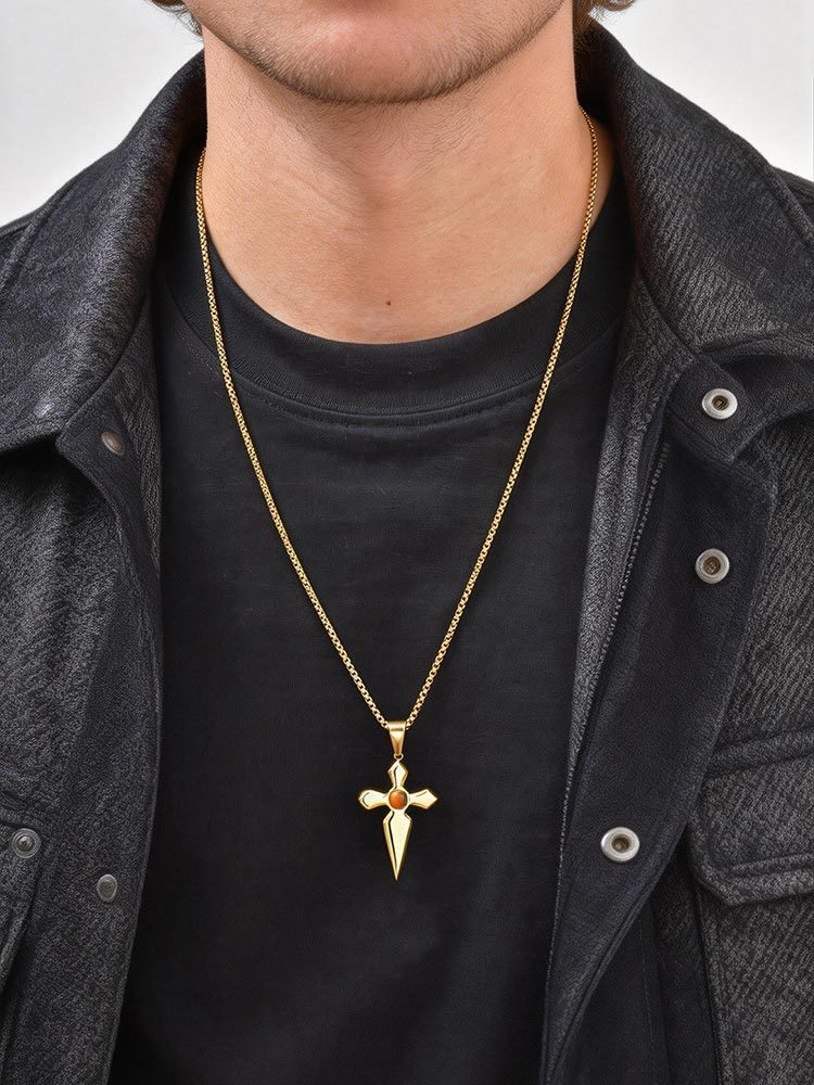 Kemstone Stainless Steel Tiger Eye Cross Pendant Necklace for Men PN-2287