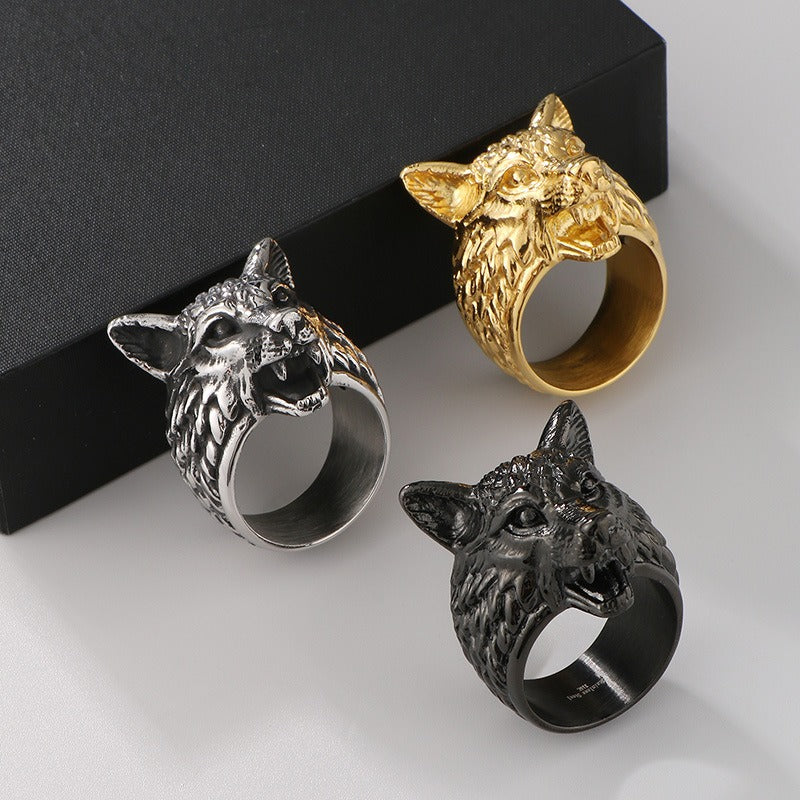 Kemstone Viking Wolf Head Ring – Distressed Stainless Steel Punk Men's Jewelry KR111182-KJX