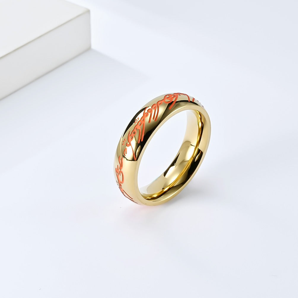 Kemstone Glow in the Dark Elvish Ring β Titanium Steel Script Band Gothic Norse Fantasy | K-R740