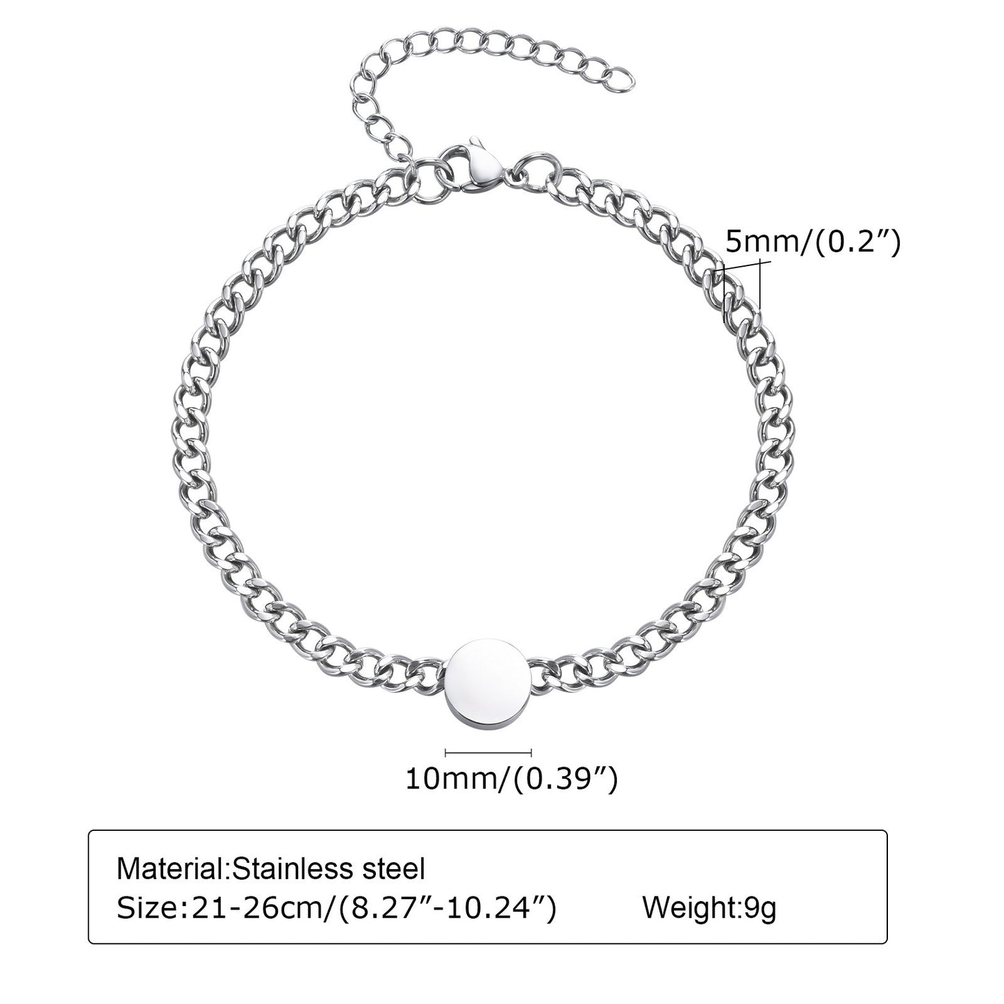 Kemstone Men’s Custom Engraving Stainless Steel Bracelet – Movable Round Charms on Cuban Chain BR-1451