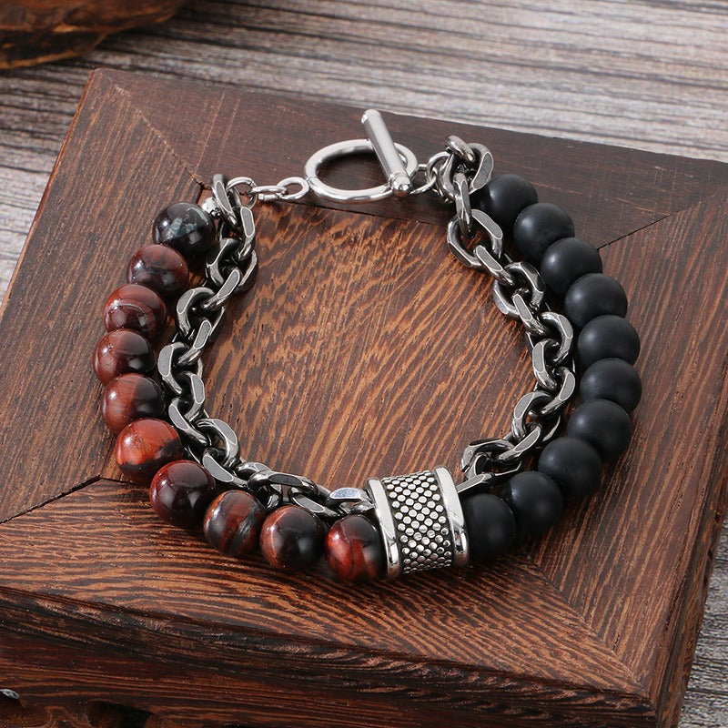 Kemstone Tiger Eye & Turquoise Bead Bracelet – Dual-Layer Steel Chain Men’s Jewelry with Vintage Map Stone Vibe KB182645