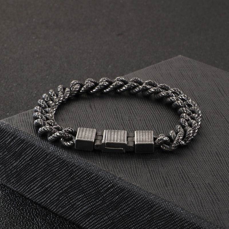 Kemstone Retro Hammered Barbell Titanium Steel Bracelet for Men: Vintage Style with Double Chain Detail KB123280
