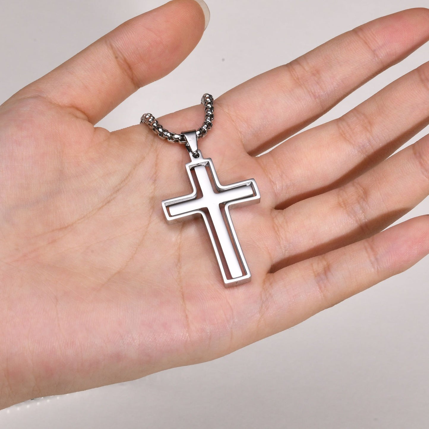 Men’s Rotating Cross Pendant Necklace – Gothic Dual-Layer Stainless Steel Chain PN-1998