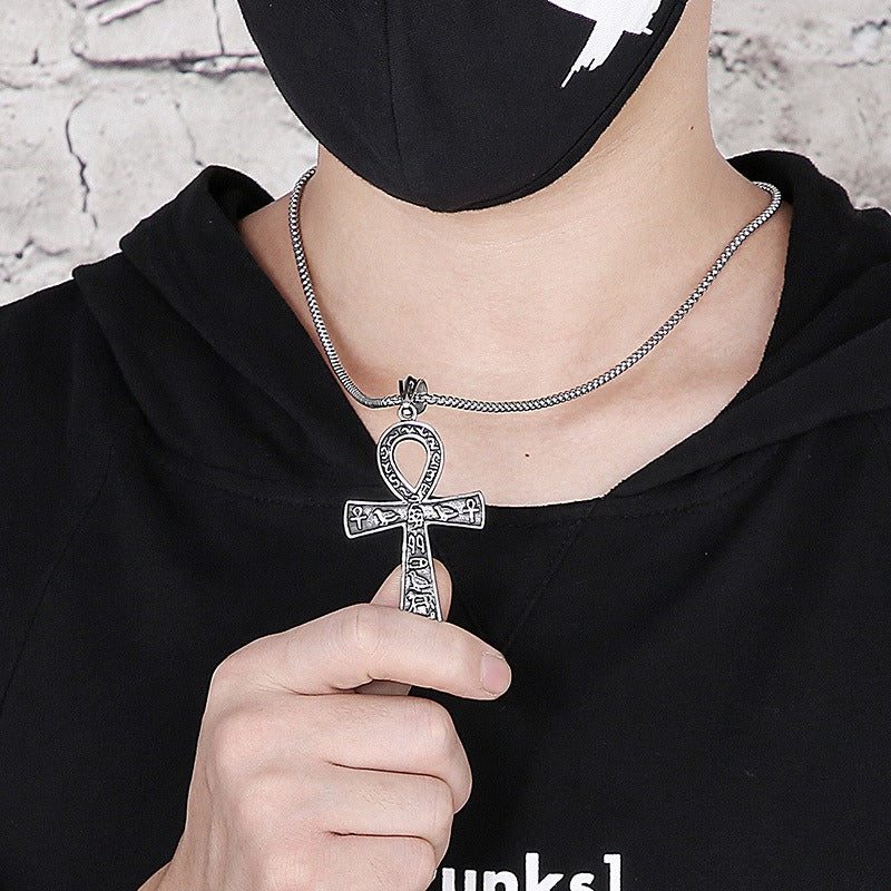 Kemstone Titanium Steel Ankh Cross Pendant Necklace for Men – Hieroglyph Relief, Gold Silver KP92795-BDJX