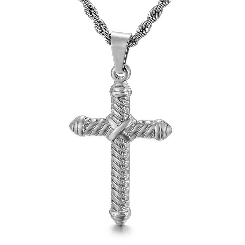 Kemstone Twisted Cross Pendant – Retro Titanium Steel Necklace for Men KP81525-K