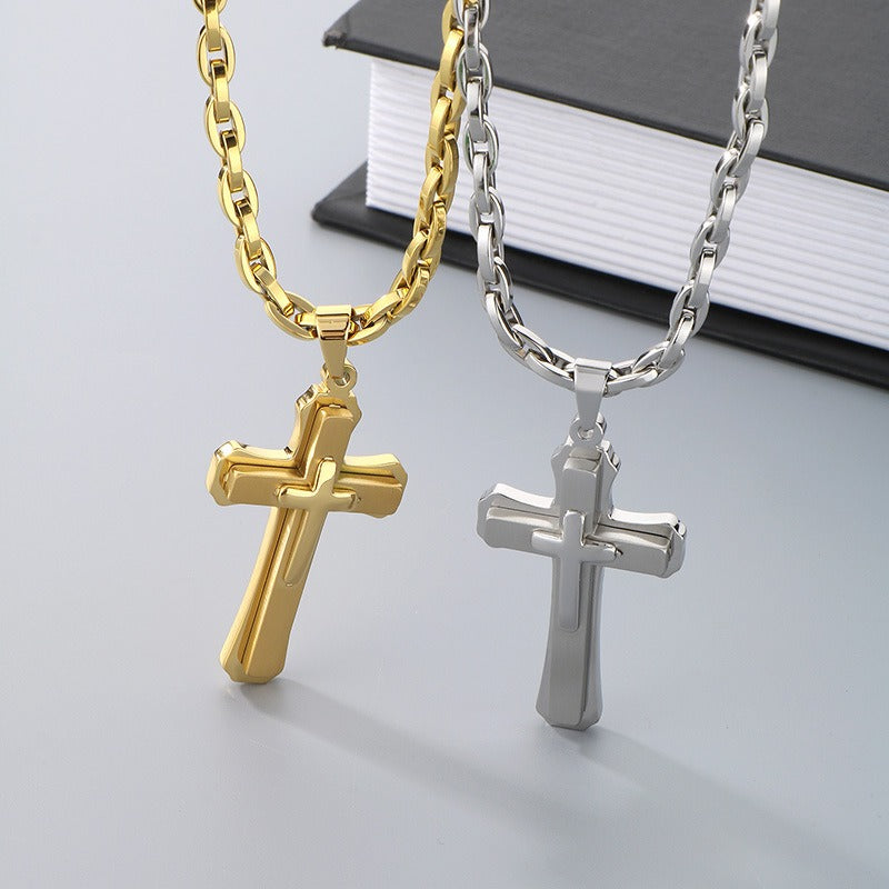 Kemstone Titanium Steel Vintage Bamboo Chain Necklace – Triple Cross Pendant for Men KN288587-K