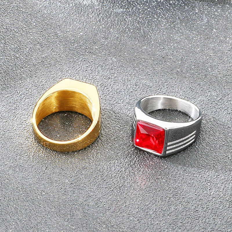 Kemstone Titanium Steel Square Red Stone Signet Ring for Men Vintage Gold Silver KR114482-MZOZ