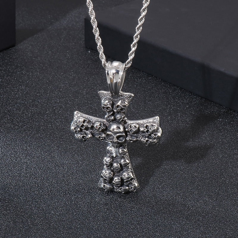 Kemstone Gothic Skull Cross Necklace – Matte Black Punk Pendant for Men KP55728-B