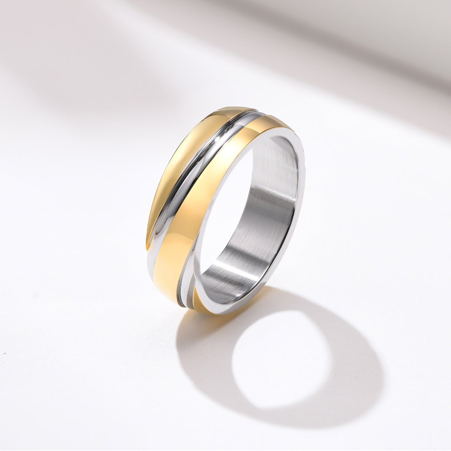 Kemstone Men’s Stainless Steel Ring – Slanted Stripe Design, IP Gold Plated Bold Minimalist Band R-057
