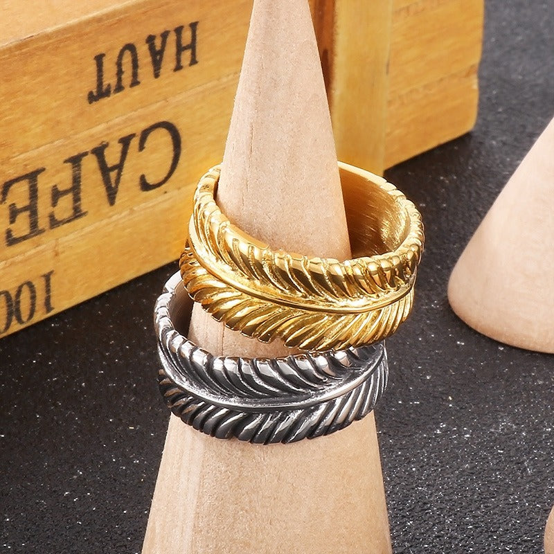 Kemstone Leaf Motif Titanium Steel Ring – Boho Gothic Nature-Inspired Punk Jewelry for Men KR108704