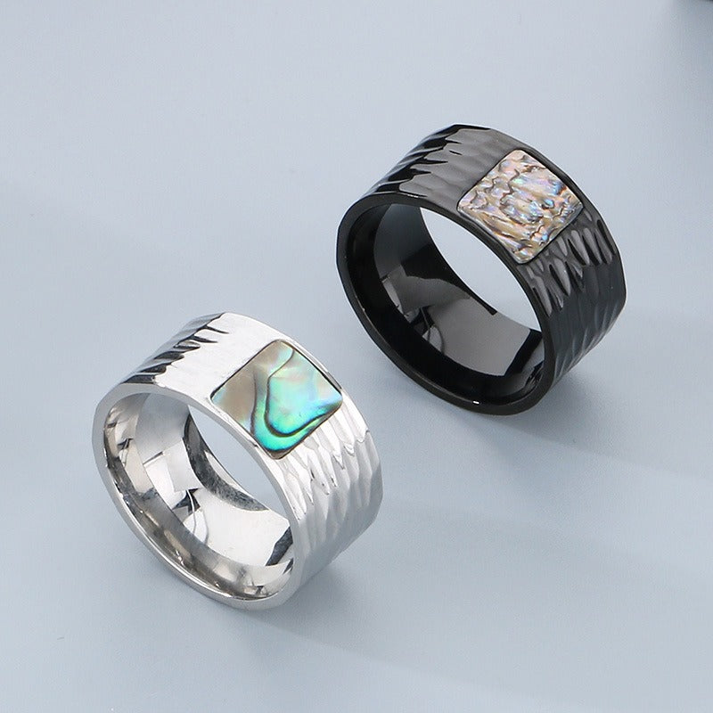 Kemstone Men’s Abalone Shell Ring – Hand-Hammered Stainless Steel Band KR110050