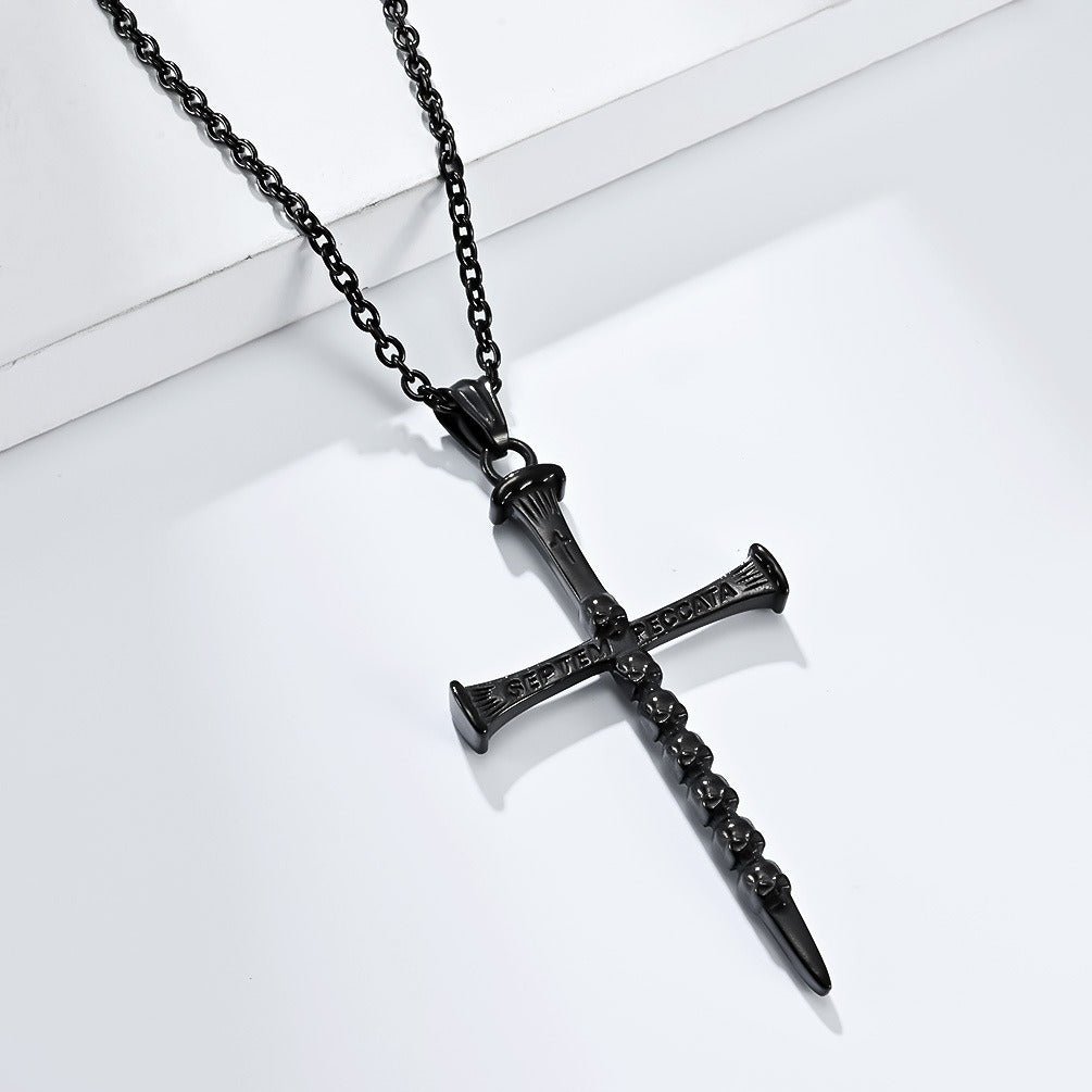Kemstone Men’s Stainless Steel Skull Cross Necklace – Gothic Punk Pendant K-PT505
