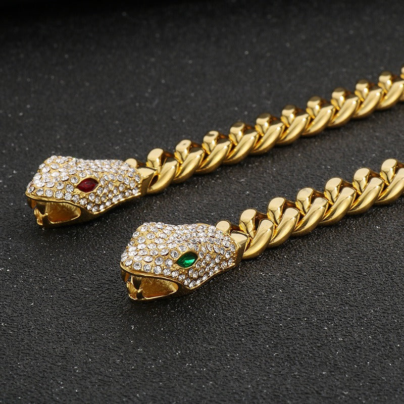 Kemstone Titanium Steel Cuban Chain Bracelet – Double-Sided Polished Hip Hop Snake Head, Green or Red Eyes KB185251