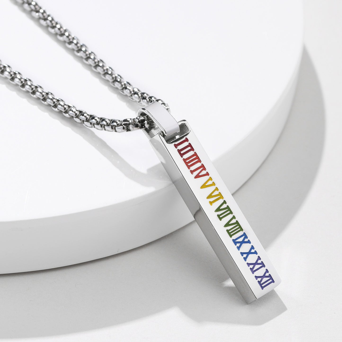 Kemstone Roman Numeral Drip Pendant Necklace – Stainless Steel Bar Chain PPN-067