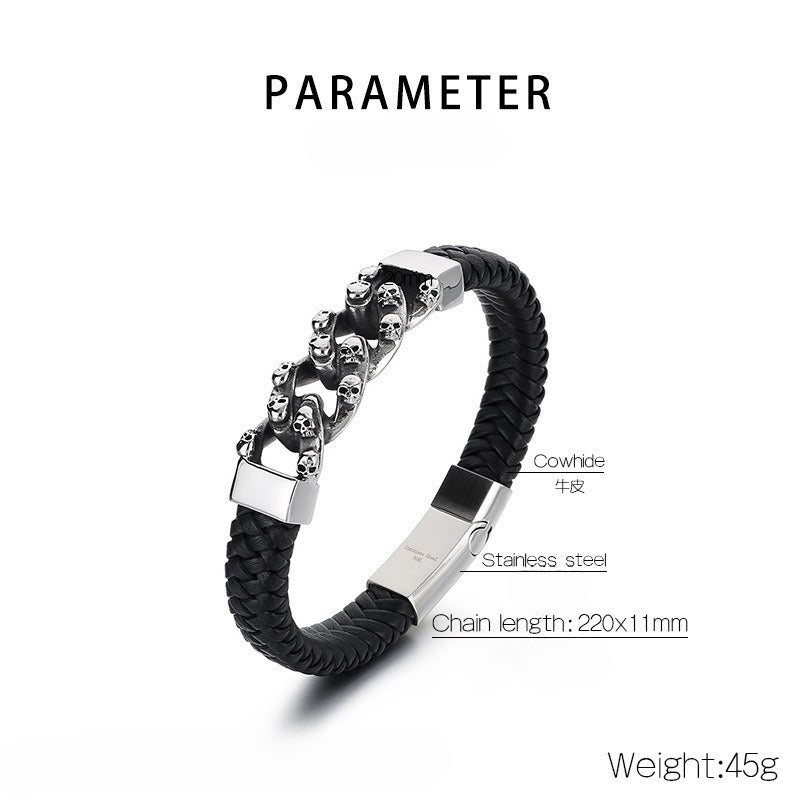 Kemstone Stainless Steel Skull Anchor Braided Leather Cuff Bracelet Punk Biker Style KB53392-K