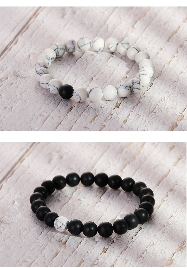 Pulseras de pareja Kemstone hechas a mano con cuentas de ágata negra mate y turquesa - Diseño ajustable para uso diario KB109644